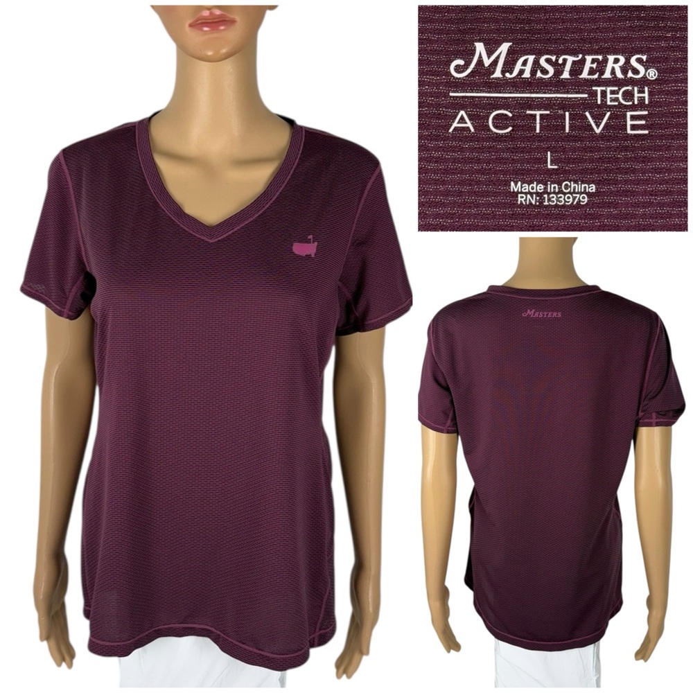 Masters Tech Womens Large Shirt V Neck Masters Golf Short Sleeve Purple EUC